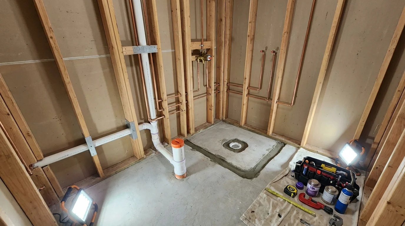 Bathroom rough-in plumbing during remodel by Johns Plumbing LLC in Bosque Farms