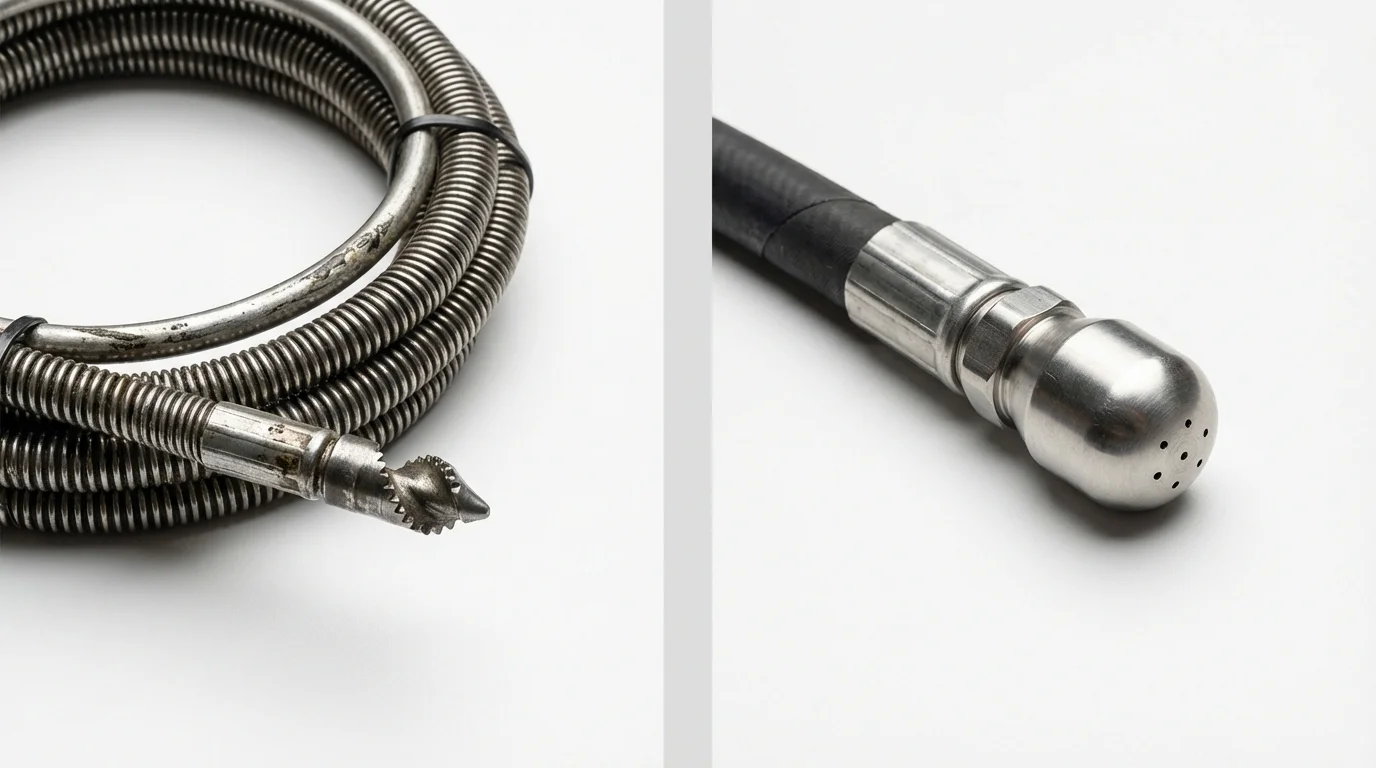 Drain snake cable and hydro jetting nozzle used for drain cleaning in Bosque Farms, NM