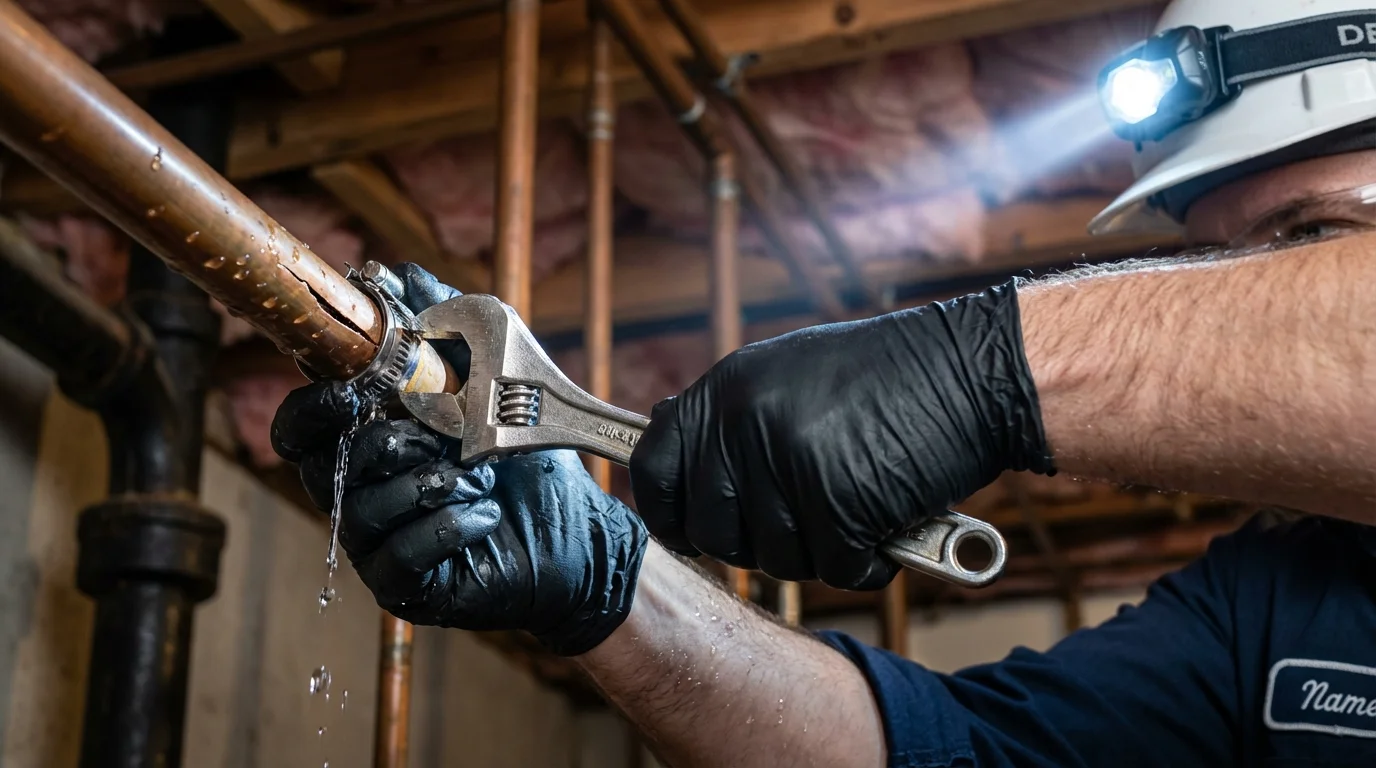 Emergency pipe clamp repair being performed by a Johns Plumbing LLC plumber in Bosque Farms