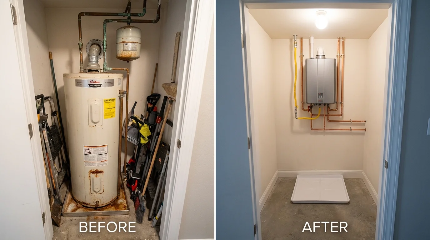 Tank water heater versus wall-mounted tankless unit comparison for Bosque Farms, NM homeowners