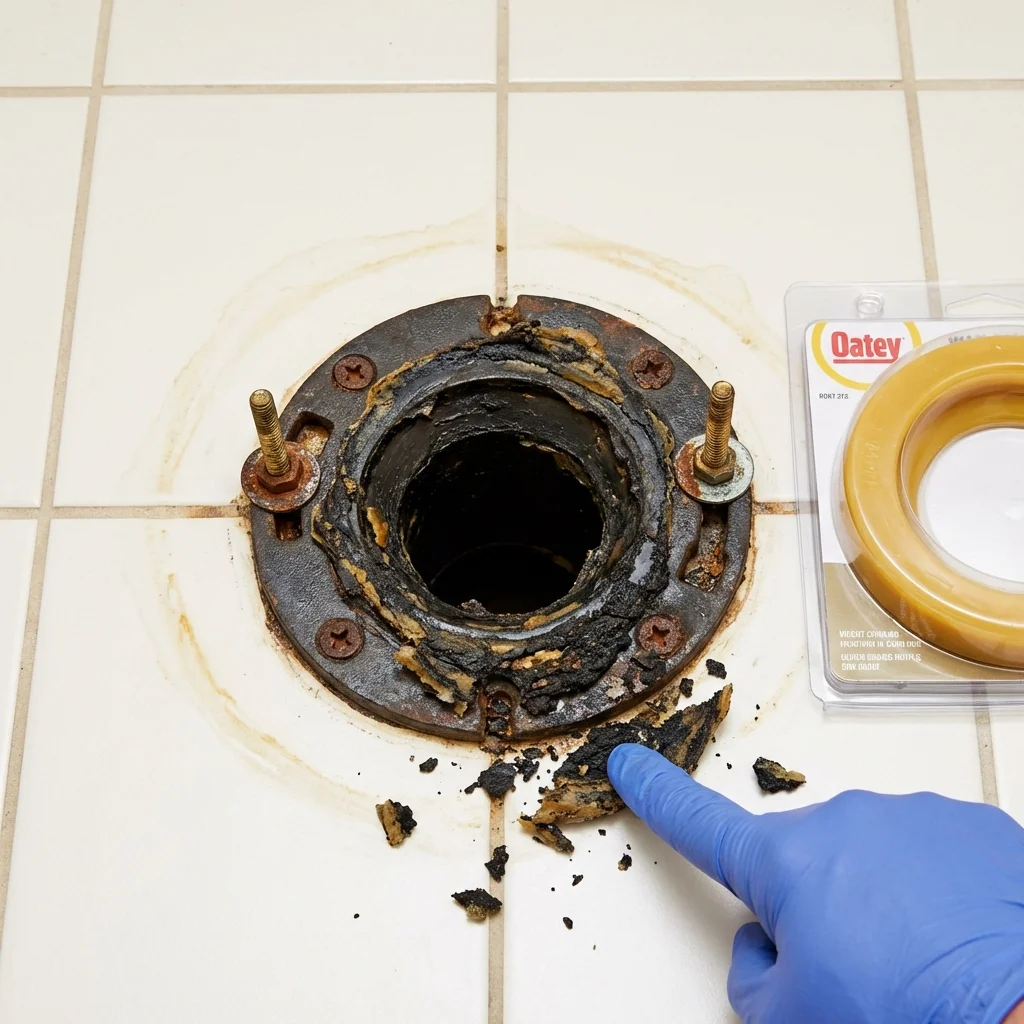 Failed wax ring showing water seepage at the base of a toilet in a Bosque Farms, NM home