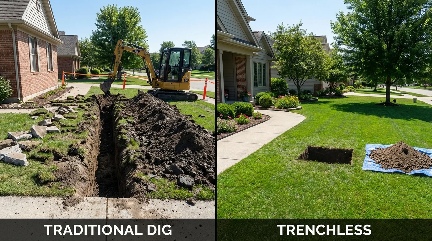 Trenchless sewer repair with minimal yard damage versus traditional excavation in Bosque Farms, NM