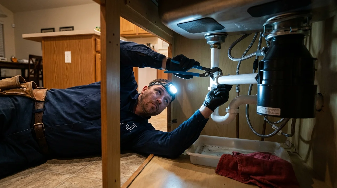 P-trap and supply line connections under a kitchen sink showing a common leak point in Bosque Farms, NM